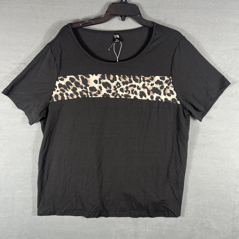 Emery Rose Women's 2XL Plus Black Leopard Print Short‎ Sleeve T-Shirt Top
